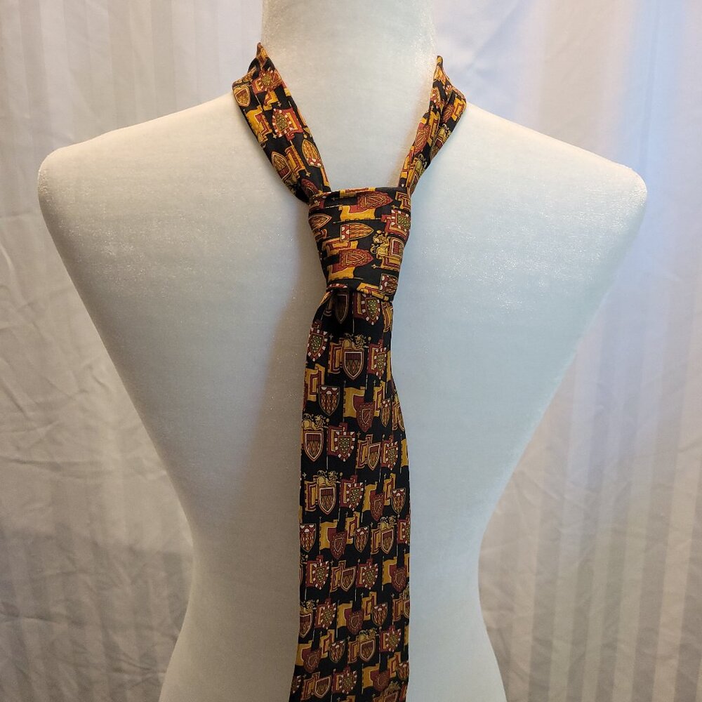 Salvatore Ferragamo Black Silk Neck Tie with Gold and Red Crests